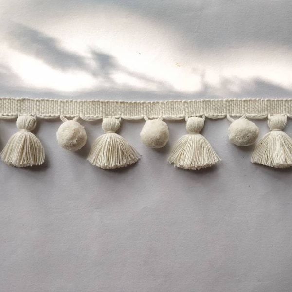 ivory tassel trim, tassel trim, tassel fringe, ivory pom poms