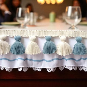 County blue and ivory tasse trim, tassel trim, tassel fringe, long fringe tassel, fringe trim, curtain tassel fringe, beaded tassel trim