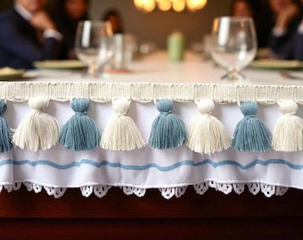 County blue and ivory tasse trim, tassel trim, tassel fringe, long fringe tassel, fringe trim, curtain tassel fringe, beaded tassel trim
