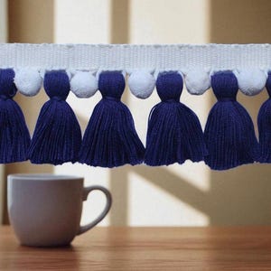 Navy blue / white pom pom tassel trim