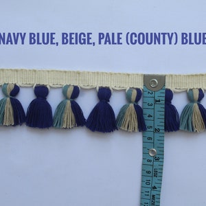 Navy blue Beige pale blue tassel trim, multi colored tassel trim, tassel fringe trim