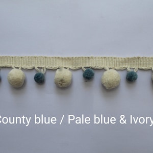 County blue / pale blue and ivory pom pom trim, faux fur pom poms, lace and trims, trim, bobble trim, pom pom garland, garland