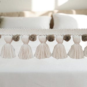 Beech color / ivory color pom pom tassel trim, 1cm pom pom, 4cm tassel, pom pom trim, tassel trim, pom pom for curtains, 2&quot; inch width trim