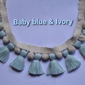 Fringe trim, baby blue ivory tassel pom poms,baby blue tassel, ivory pom poms, pom pom trim, tassel trim, tassel trim by the yard, pom poms