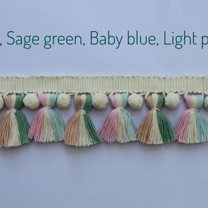 Pale rose sage green baby blue light pink Ivory pom pom tassel trim, pom pom trim, tassel trim, art wall, wall art, home decore, home decor