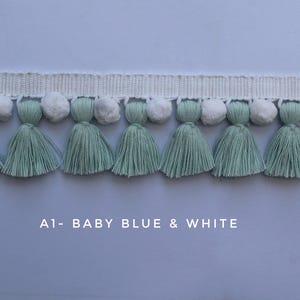 Tassel trim fringe, pom pom trim fringe, baby blue  white pom pom tassel, white pom pom, blue tassel trim, pom pom tassel trim, tassel trim