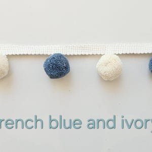 French blue ivory pom pom trim, Pom Pom trimming, pom pom trim, trim for curtains,  pom pom,  pom poms, pom pom fringe, fringes, blue