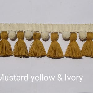 Mustard yellow and ivory pom pom tassel trim , tassel trim, pom pom trim, fringe trim, trim for pillow, trim for lamps, fringe and tassel
