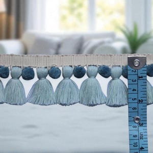 baby blue tassel, county blue pom pom, pale blue pom poms, pom pom tassel trim