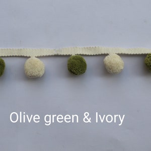 Olive green and ivory pom pom trim,  pom pom trim, pom pom trim multi, pom pom trim