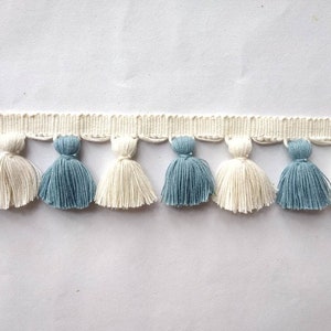 County blue and ivory tasse trim, tassel fringe trim, home decor, tasssl and trims, trims by the yard