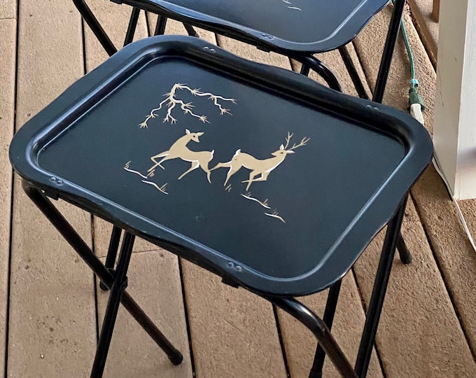 Set of 4 Black Metal MCM TV Trays With Gold Deer Quaker Maid Folding