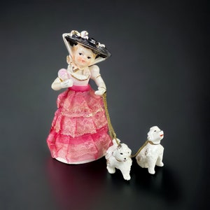 Victorian Figurine Lady Woman Walking 2 Poodle Dogs Japan Pink Lace No Parasol