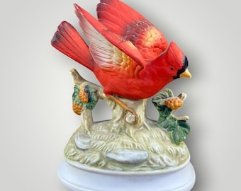 Gorham Cardinal Music Box Red Bird Figurine Bisque Porcelain Japan 1970s 1980s
