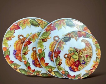 Stove Burner Covers Set of 4 Cornucopia Pumpkins Fall Harvest Enamel Metal 1990s