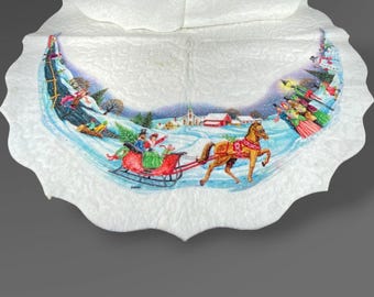 Rennoc Christmas Tree Skirt 34" Skaters Sledders Snowballs Sleigh Carolers 1970s