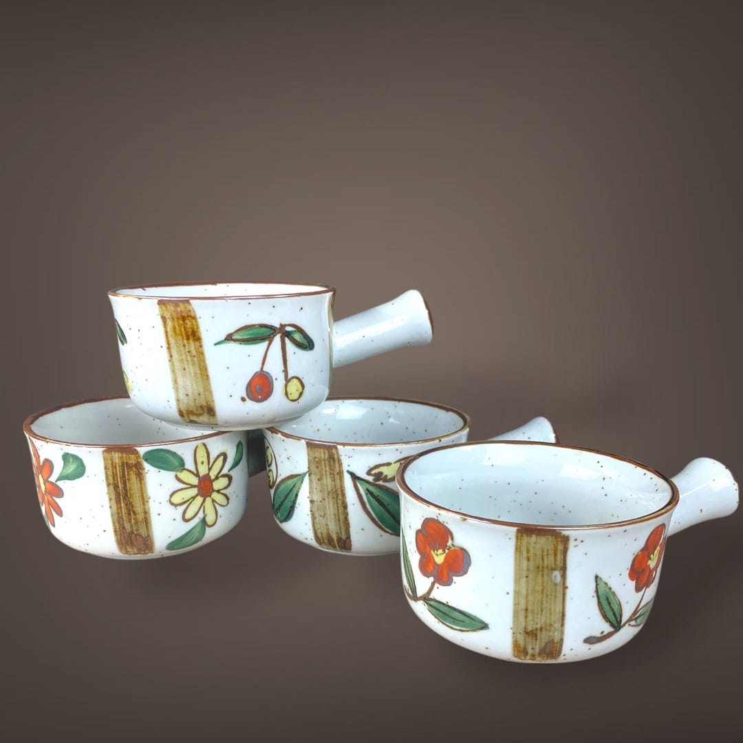 Set of 4 Handled Soup Bowls Japan Stoneware Floral Vintage 1970s - Etsy