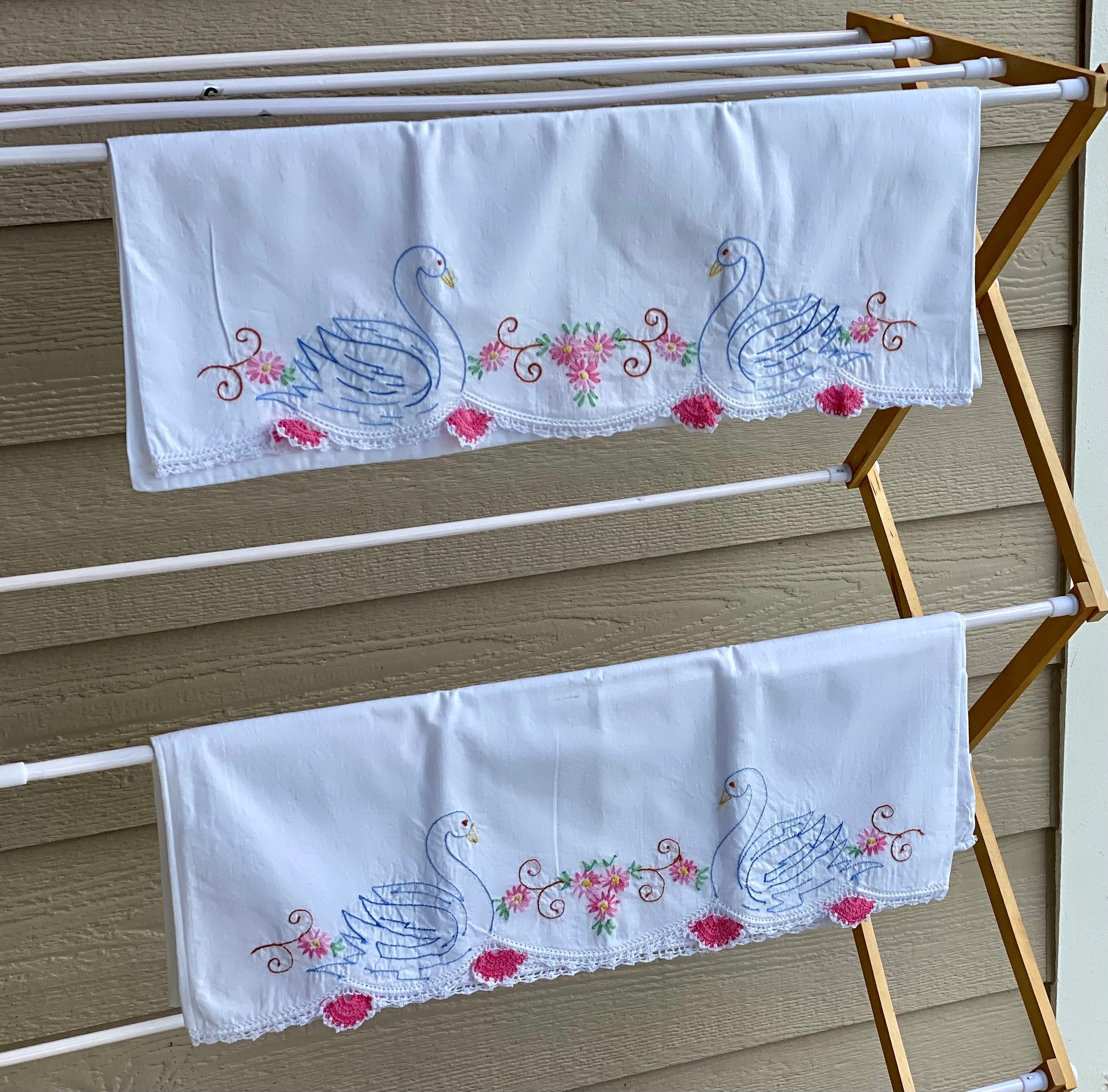 Vintage Embroidered Pillowcases Swans and Flowers Set of 2 Etsy