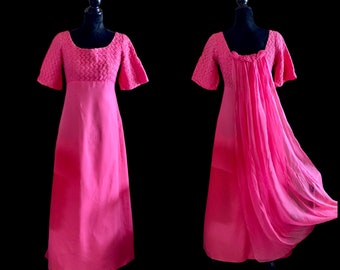 Vintage 1960s Prom Dress Full Length Flamingo Pink Taffeta Chiffon and Embroidery Top Overlay