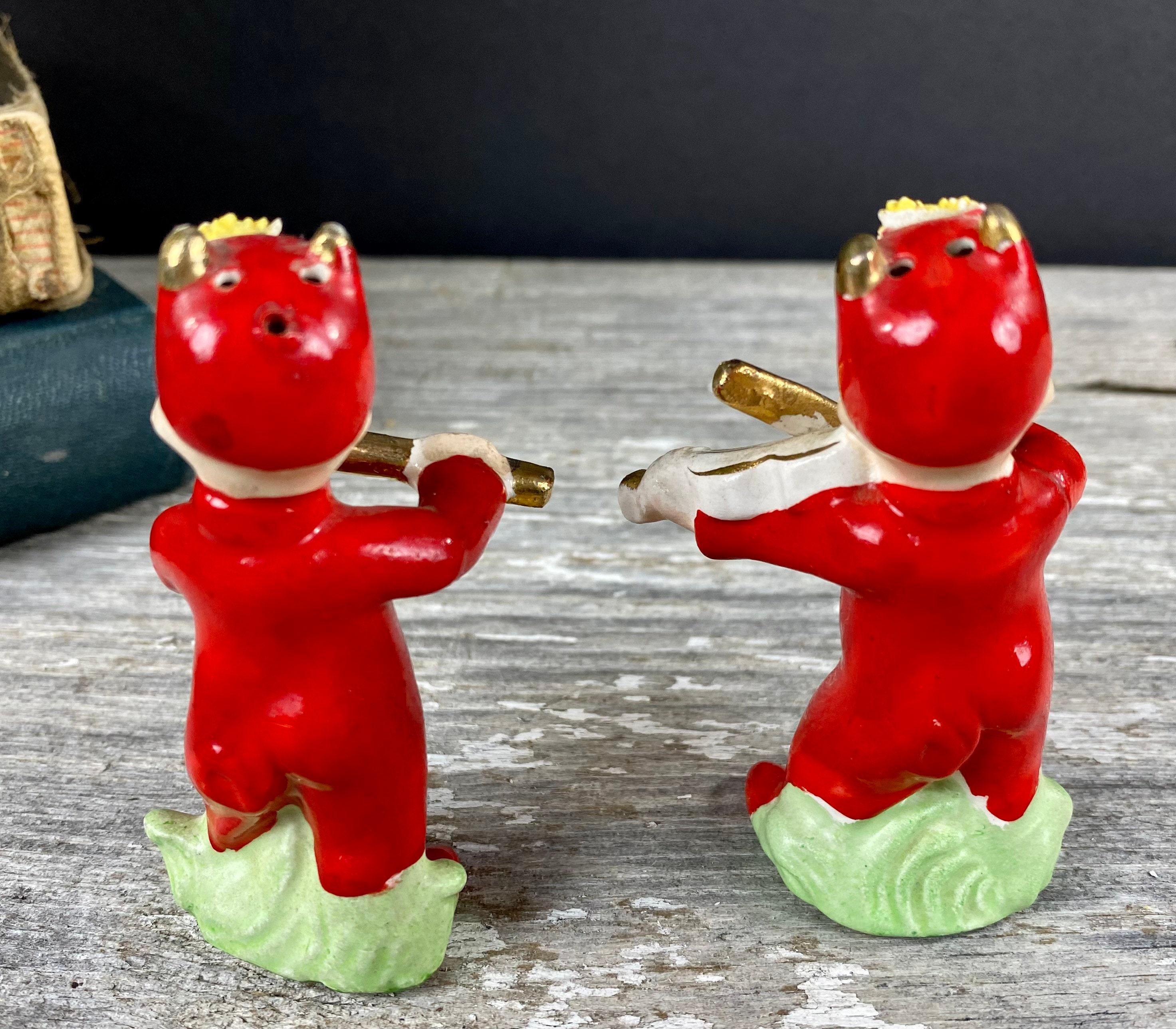 Little Red Devils Salt and Pepper Playing Violin and Flute Napco