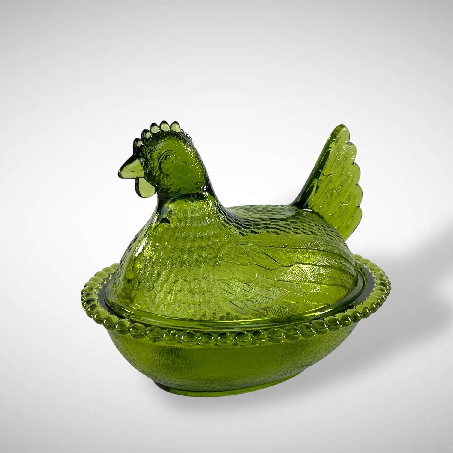 Hen on Nest Indiana Glass Olive or Avocado Green Stippled Beaded