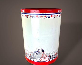 Large Kitchen Canister Tin Metal Red Blue White Flowers Picket Fence Man Woman