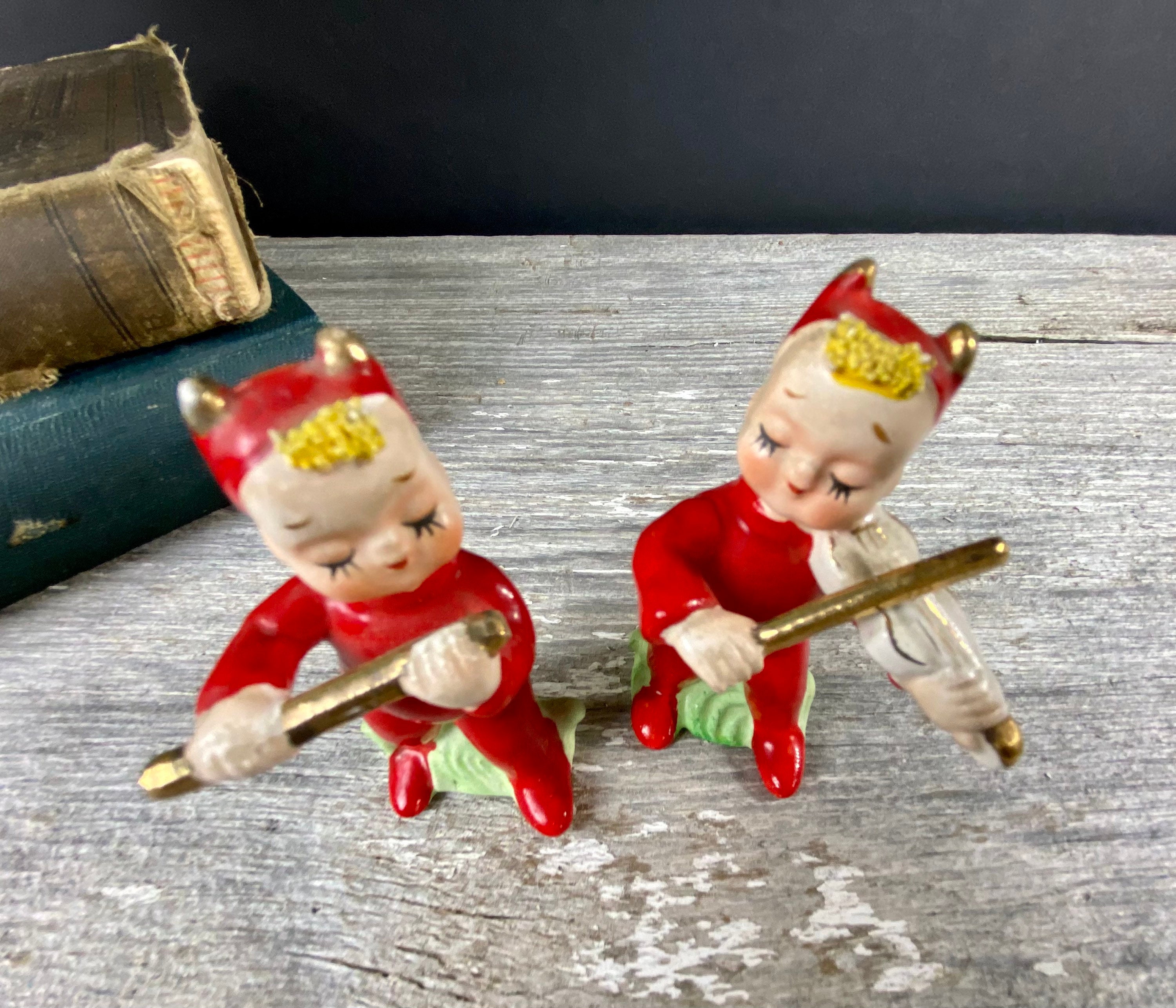 Little Red Devils Salt and Pepper Playing Violin and Flute Napco