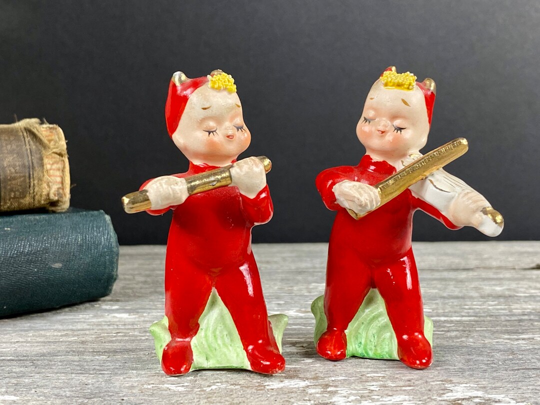 Little Red Devils Salt and Pepper Playing Violin and Flute Napco