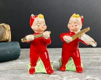 Little Red Devils Salt and Pepper Playing Violin and Flute Napco MCM 1950s or 60s