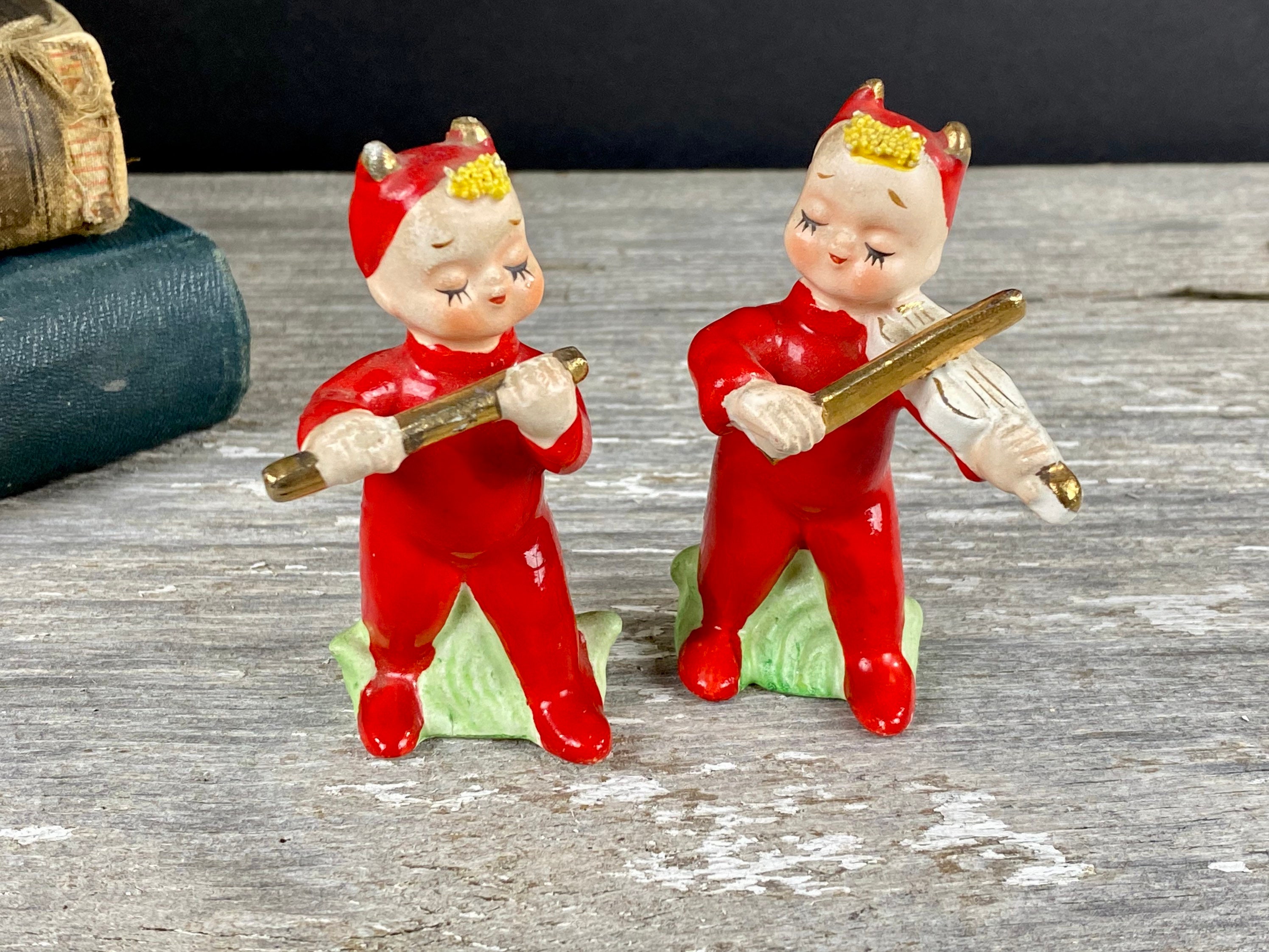 Little Red Devils Salt and Pepper Playing Violin and Flute Napco