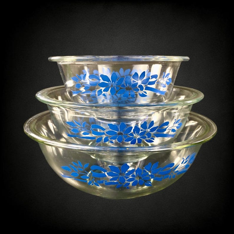 Pyrex Blue Floral Ribbon Nesting Bowls Set 322 323 325 Clear Glass ...
