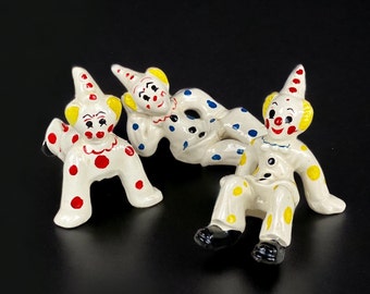 Vintage Clown Figurines Japan Set of 3 Polka Dots Playful Tumbling Stamped OMK