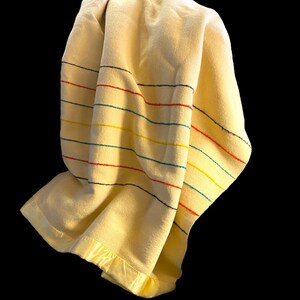 May include: A folded, cream-colored blanket with horizontal stripes in red, yellow, blue, and black. The blanket has a satin-like trim along the edge. The background is black.