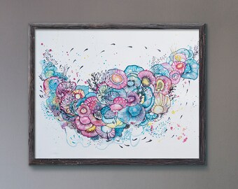 Watercolor sea flowers and jellyfish illustration poster// Ocean watercolor //Sea underwater flowers and jellyfish wall poster