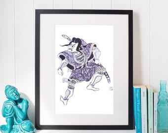 Japanese ink illustrations geisha and samurai// Black and white Japanese ink// Ink poster geisha and samurai