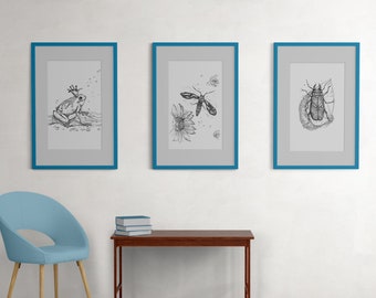 Insect series 10ps graphic print poster// Black and white print poster set// Home decor poster set 10ps