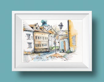 Urban watercolor poster A3, A4/ architectural watercolor Ljubljana, Slovenia, cityscape