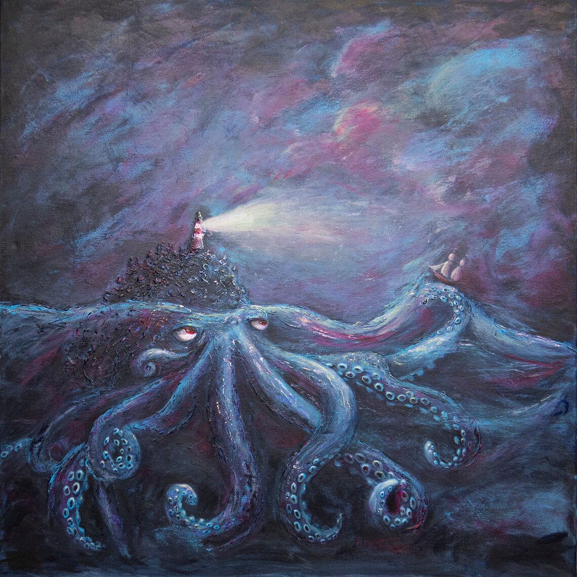 Night storm giant octopus painting// Sea storm painting// | Etsy