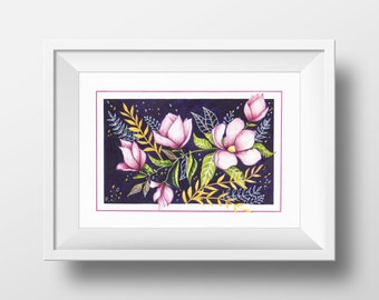 Watercolor spring magnolia illustration wall poster// Pink magnolias botanical watercolor //spring magnolias wall poster print