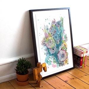 Watercolor sea turquoise flowers illustration poster// Ocean watercolor //Sea flowers wall poster