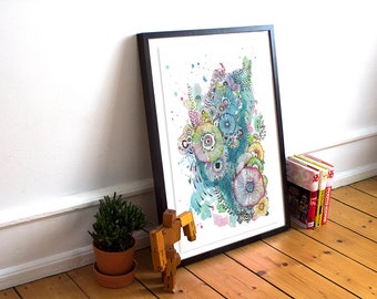 Watercolor sea turquoise flowers illustration poster// Ocean watercolor //Sea flowers wall poster