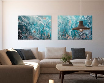 Underwater flowers dyptich painting // Acrylic painting // Abstraction painting on canvas // Underwater flowers dyptich painting
