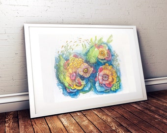 Watercolor ocean flowers illustration poster// Sea watercolor flowers print//Sea flowers wall poster A3, A4