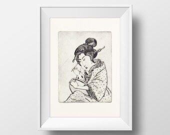 The geisha graphic by Natimade Limited edition Drypoint print on paper 300g geisha original graphic poster wall decor 24x35 cm