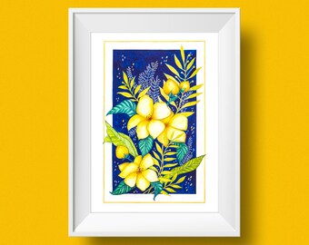Watercolor tropical yellow flowers illustration wall poster// Tropical yellow flowers botanical watercolor //Tropical yellow flowers poster