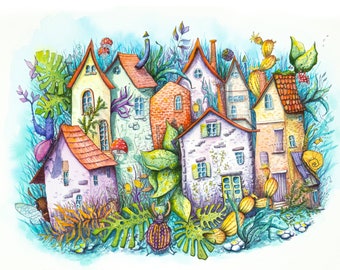 Forest houses watercolor print/ Original illustrations/ fairy tale houses/