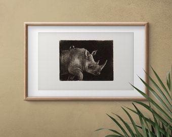 The rhino with two birds by Natimade Limited edition mezzotinta on paper 300g rhino with two birds poster wall decor 22x28 cm