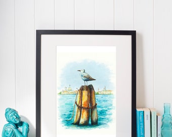 Venice seagull urban watercolor poster A5, A4/ sea watercolor Venice, Italy travel poster