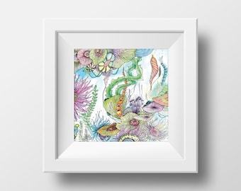 Watercolor underwater flowers and jellyfish print poster// Sea flowers// Ocean flowers wall print poster