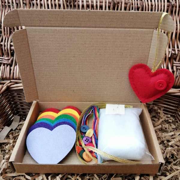 Make Your Own Felt Heart Hanging Decorations, in a single colour or Rainbow colours pack, ideal gift